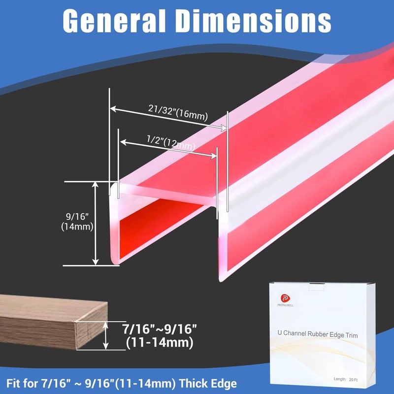 Protalwell Clear Rubber Edge Trim, Self-Adhesive White Color Rubber Edge Trim, Big Size Edge Protector for Plywood, Glasses or Flexi-Glass, Silicone Rubber Material, Fit 1/2"(12mm), Deep U Channel Edge Guard - Image 2